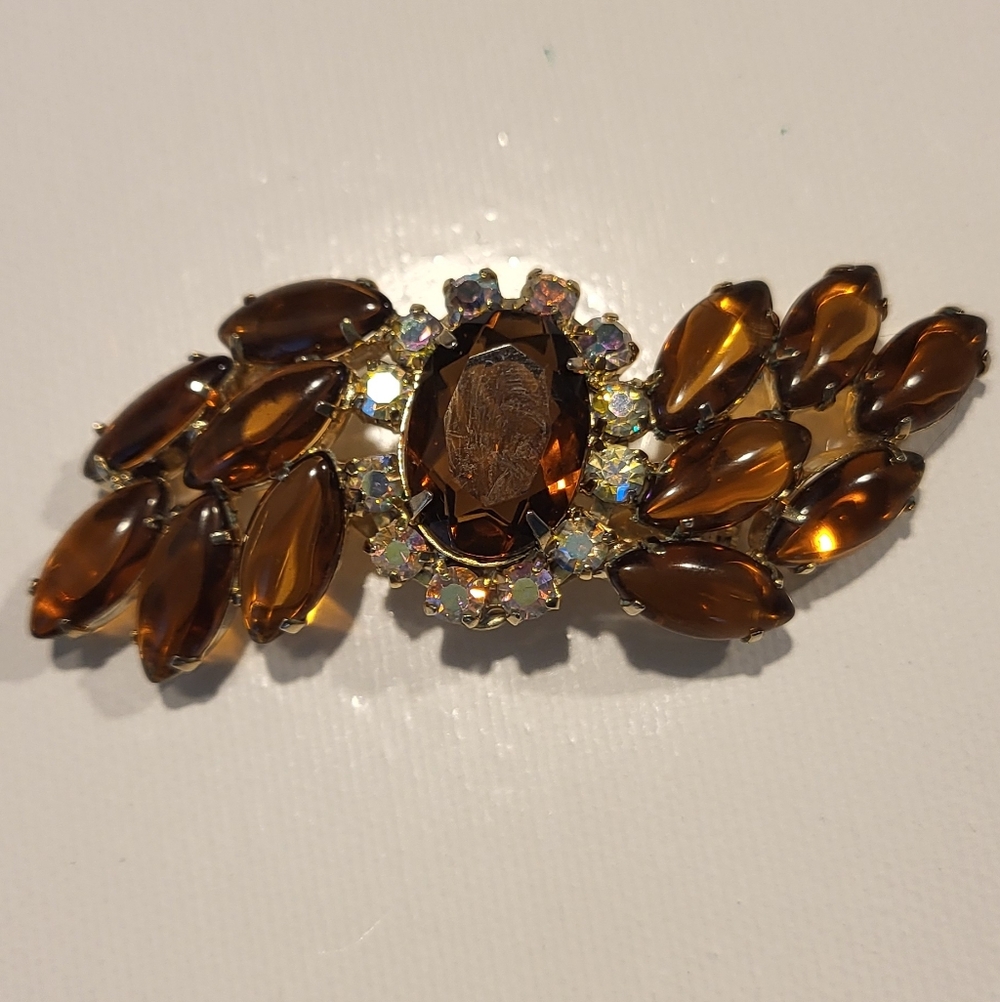 Vintage Estate Honey Amber Glass & AB Stones  Goldtone Brooch